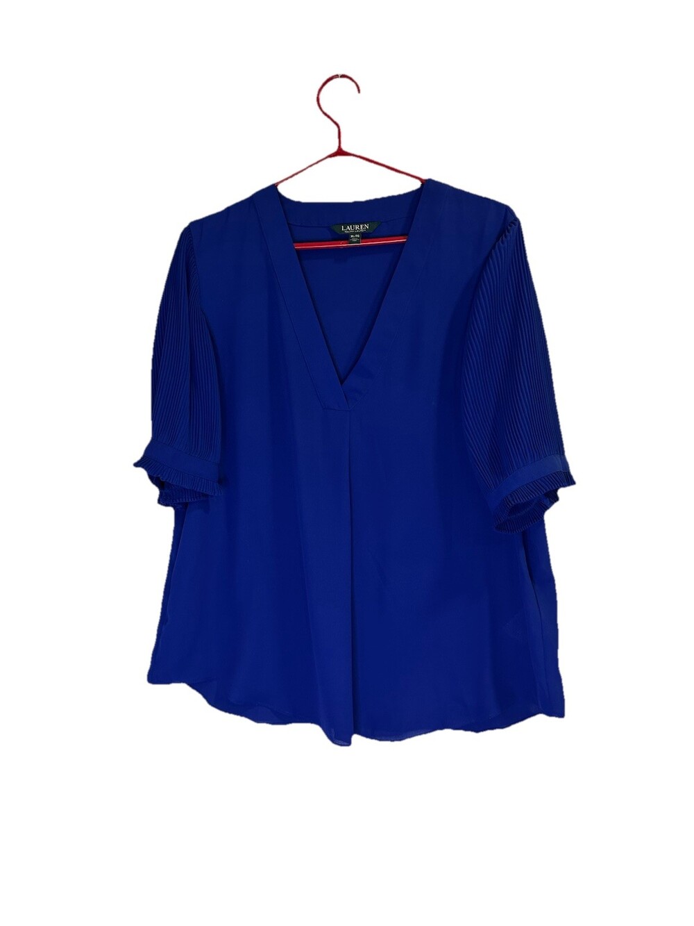 Lauren Ralph Lauren Women's Micro-Pleated V-Neck Georgette Top SizeXL Deep Blue